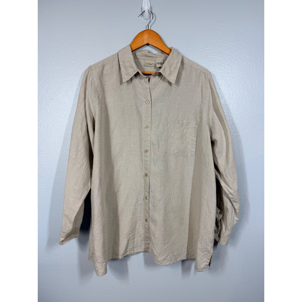 LL Bean Button Up Shirt Women's 1X Beige 100% Linen Long‎ Sleeve Casual EUC